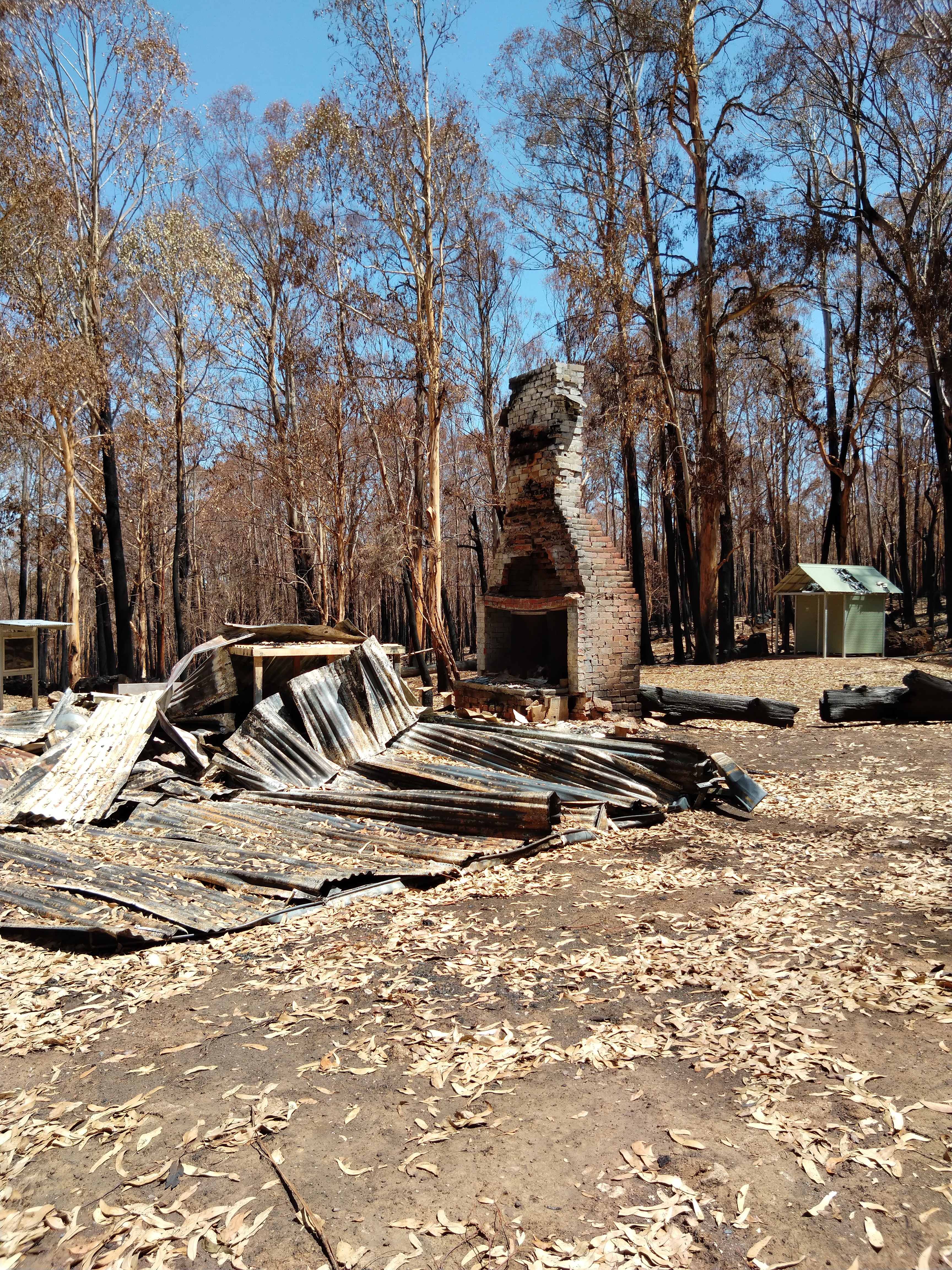 Burnt-out structure in bushland.