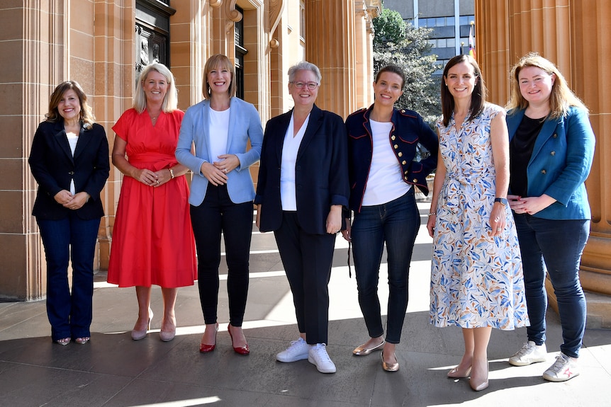 Seven women stand in a row smiling