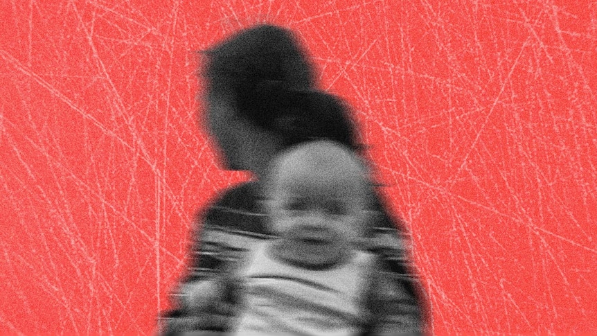 Red background with black and white blurred photo of woman looking back and holding baby.