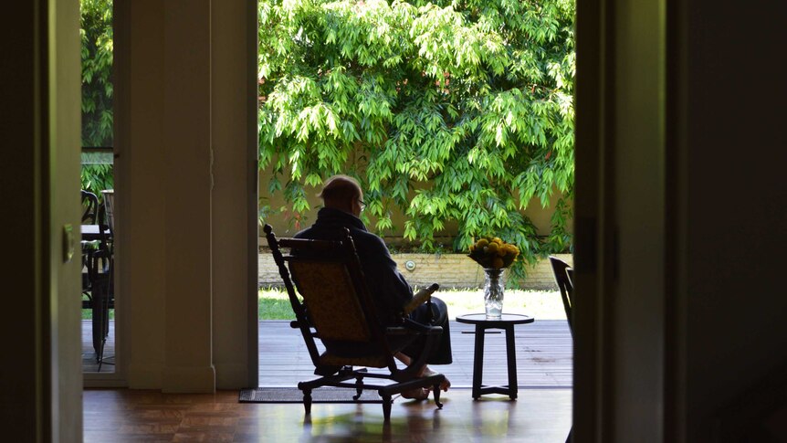 An elderly man in silhouette sitting in a chair looking at trees.