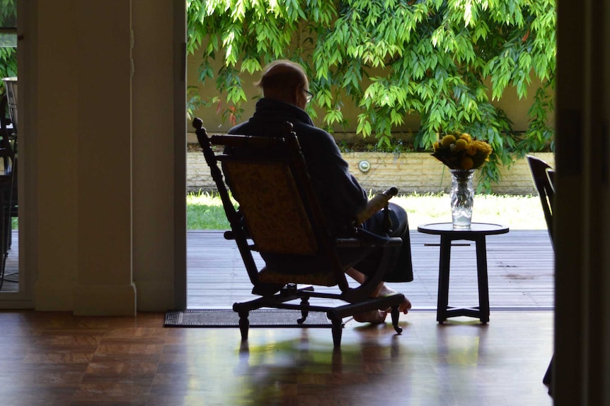 An elderly man in silhouette sits in a chair and looks at trees.