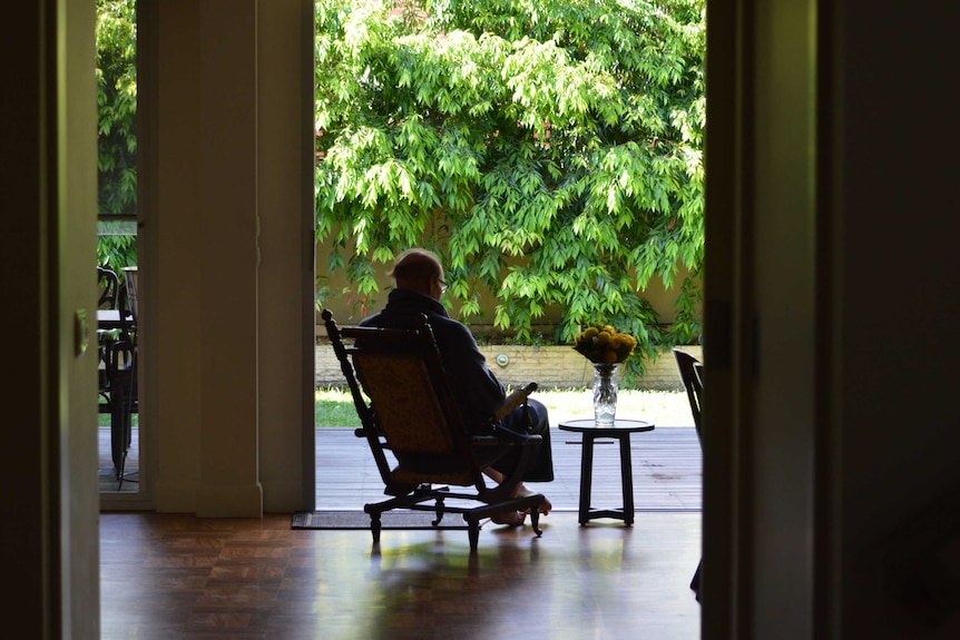 An elderly man in silhouette sitting in a chair looking at trees.