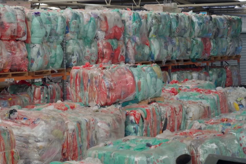 Rows of soft plastics bundled up inside a warehouse