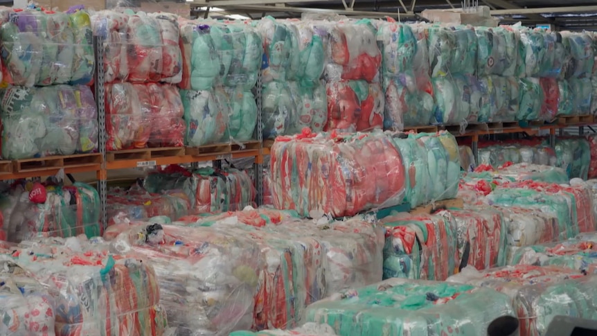 Rows of soft plastics bundled up inside a warehouse