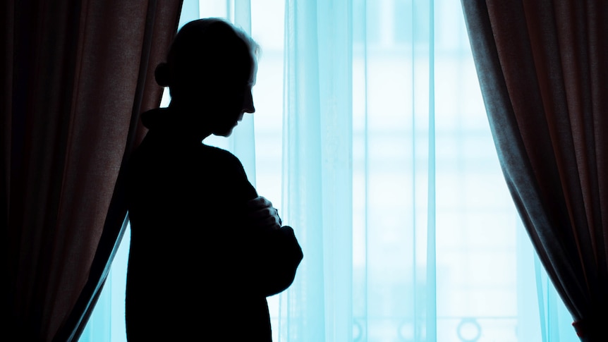 A woman stands at a window, arms folded.