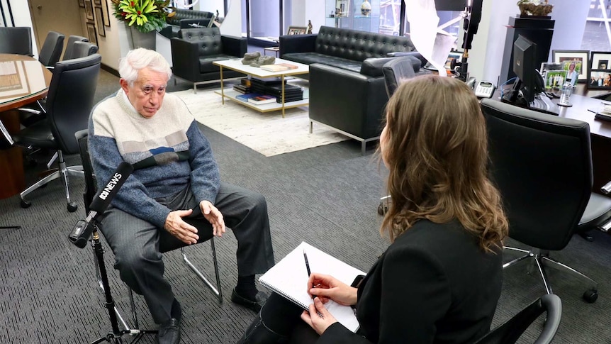 Harry Triguboff being interviewed at his office in Sydney.