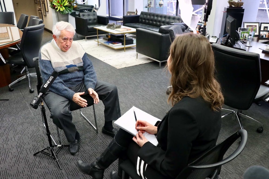 Harry Triguboff being interviewed at his office in Sydney.