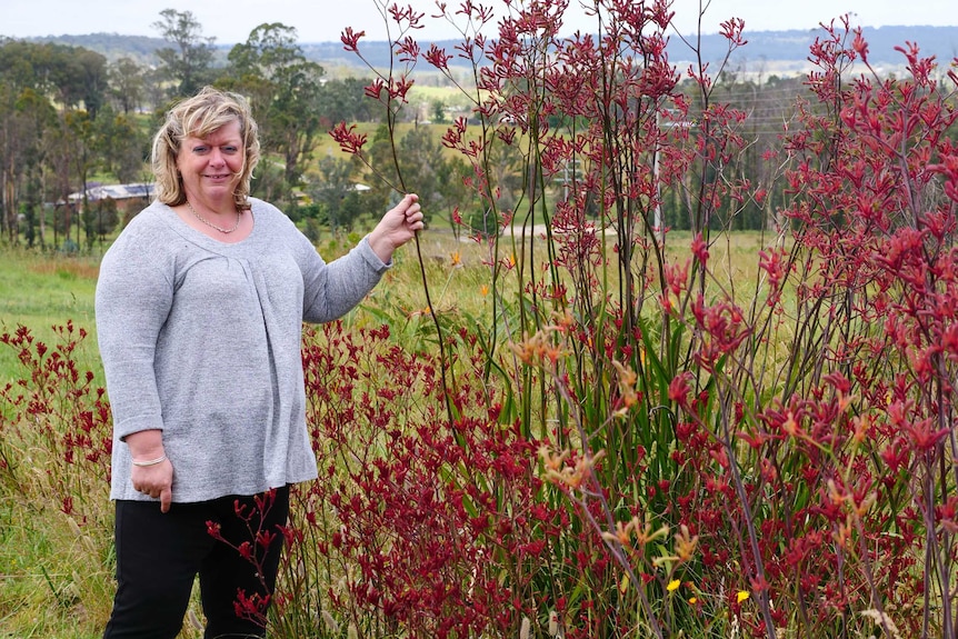 A blond woman standing next to a red bush on a rural property
