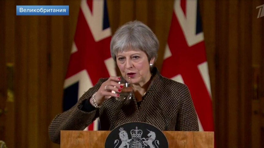 First Channel showed images of Theresa May drinking water.