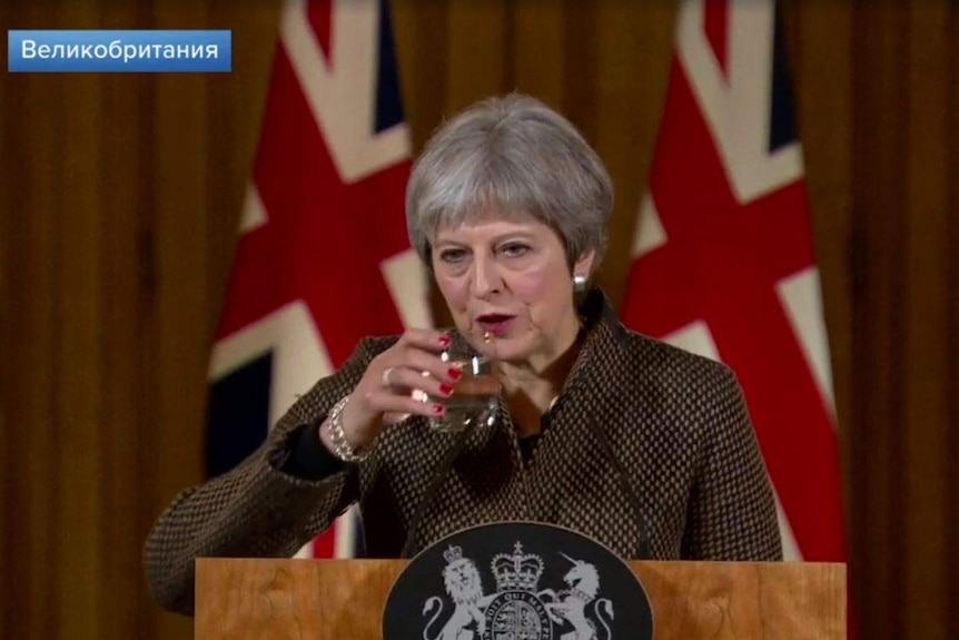 First Channel showed images of Theresa May drinking water.