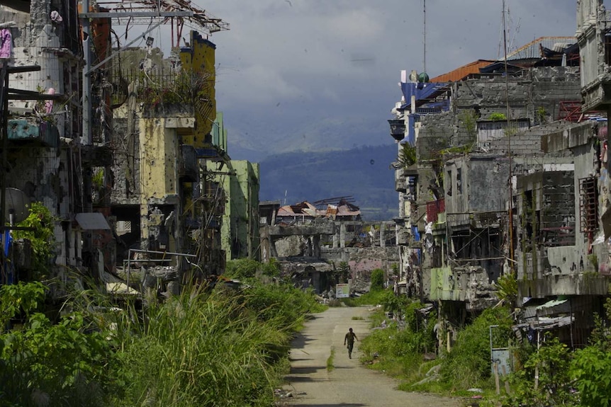 Plants grow over damaged buildings in Marawi.