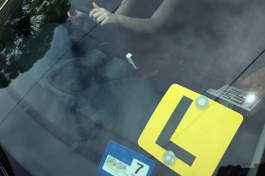 A learner driver behind the wheel, an L-plate visible on the windscreen.