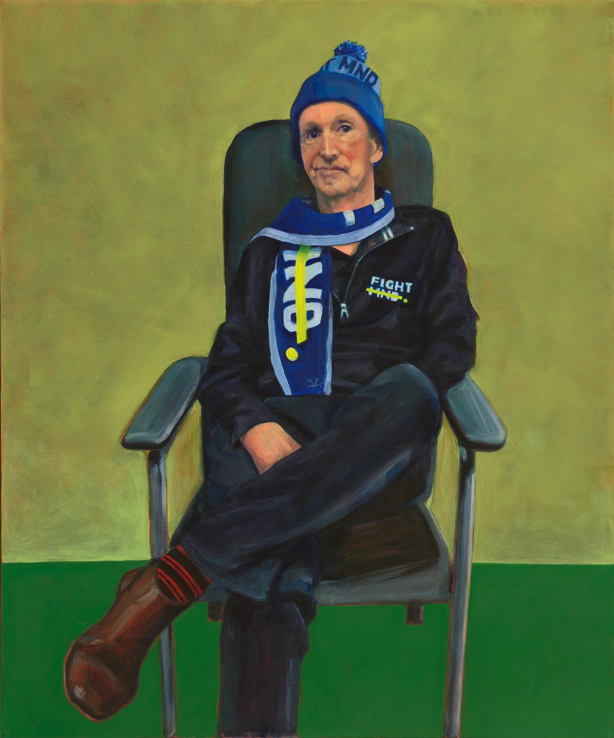 Painting of a man sitting in a chair with legs crossed, wearing blue beanie and blue scarf.