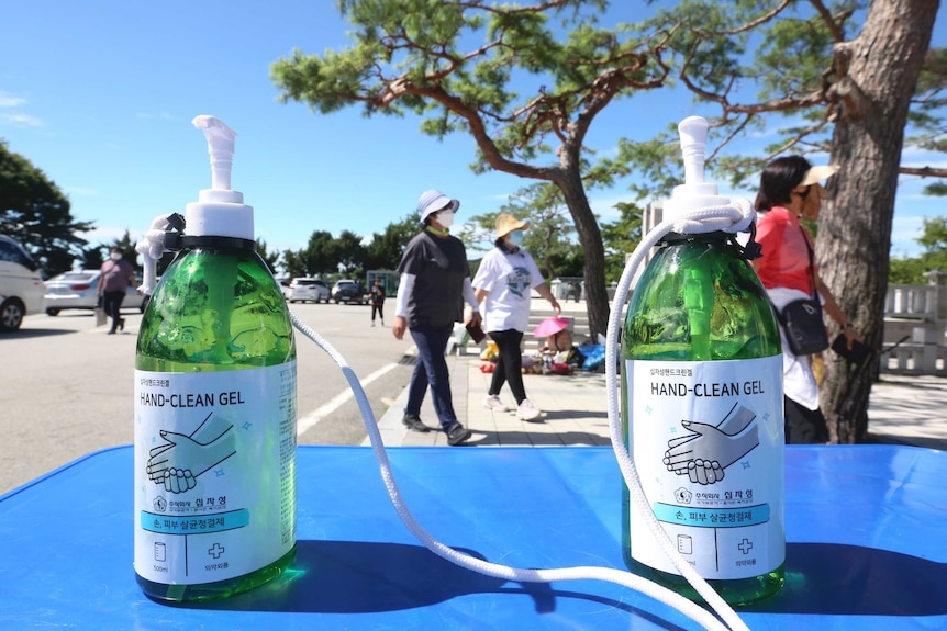 Hand clean gels are displayed at the Imjingak Pavilion in Paju, near the border with North Korea in South Korea.