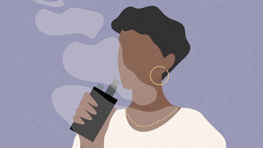 An illustration of a young woman puffing on an electronic cigarette