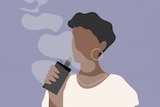 An illustration of a young woman puffing on an electronic cigarette