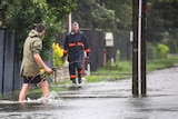 A group of residents in raincoats wade through ankle-deep floodwater