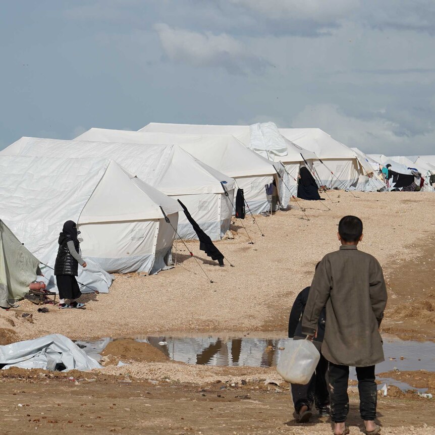 Boys stand alongside a row of tent in al-Hawl refugee camp.