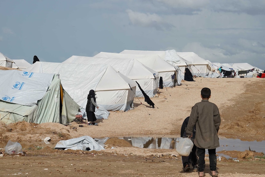 Boys stand alongside a row of tent in al-Hawl refugee camp.