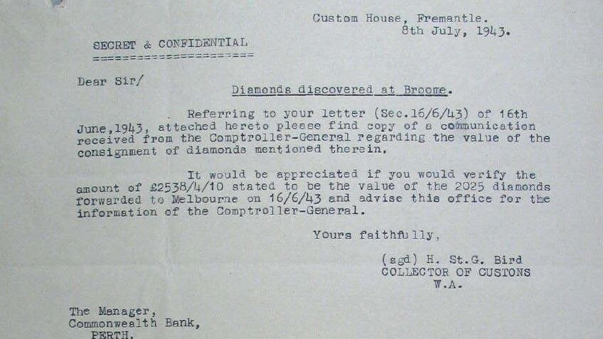 A letter headed 'SECRET AND CONFIDENTIAL' and dated 8th July, 1943, discusses diamonds discovered at Broome.