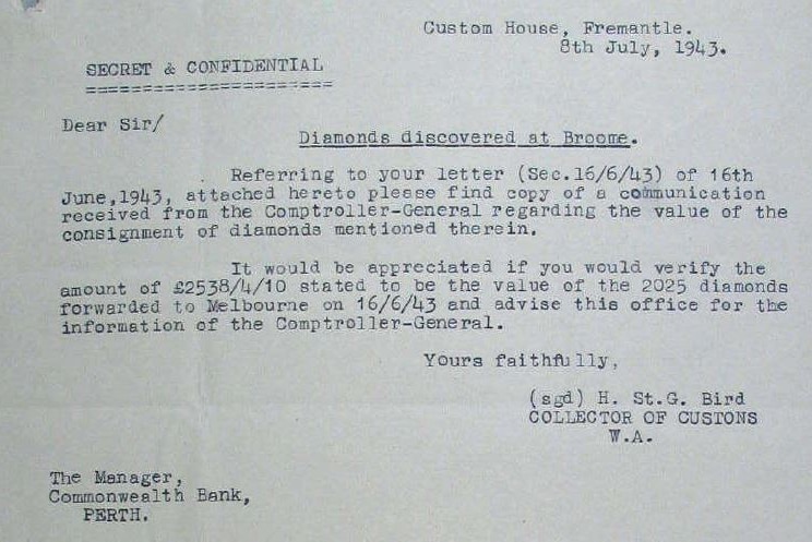 A letter headed 'SECRET AND CONFIDENTIAL' and dated 8th July, 1943, discusses diamonds discovered at Broome.