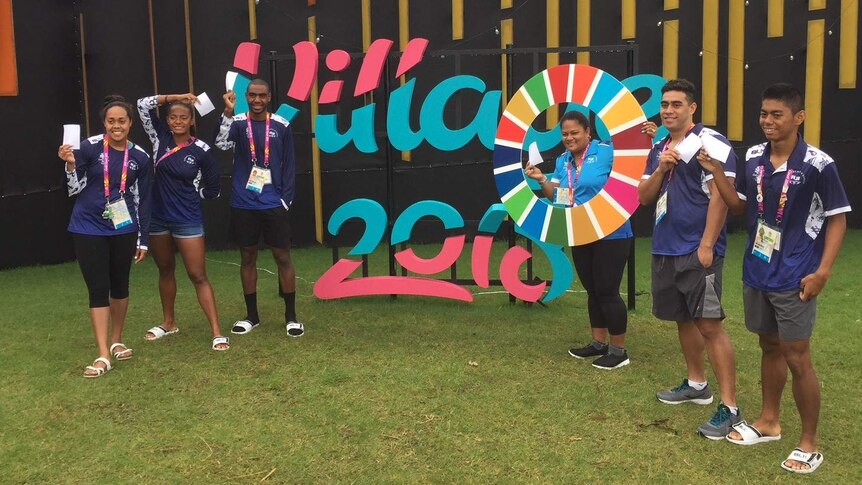 Fiji team pose for a photo at Commonwealth Games