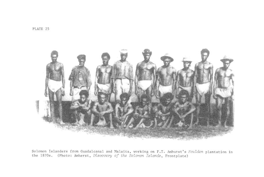 Black and white image of men from Solomon Islands on a Queensland plantation from the 1870s. 