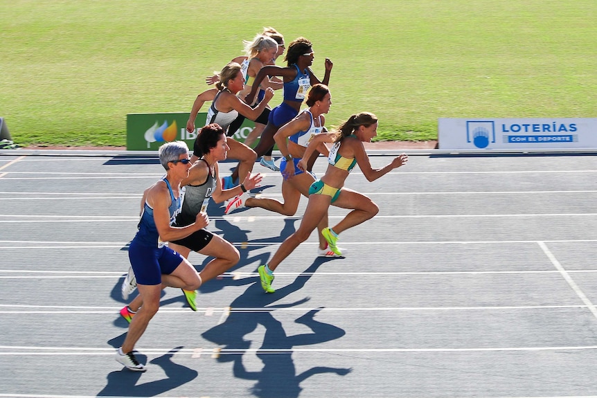 Australian woman in the lead in an international athletics competition.