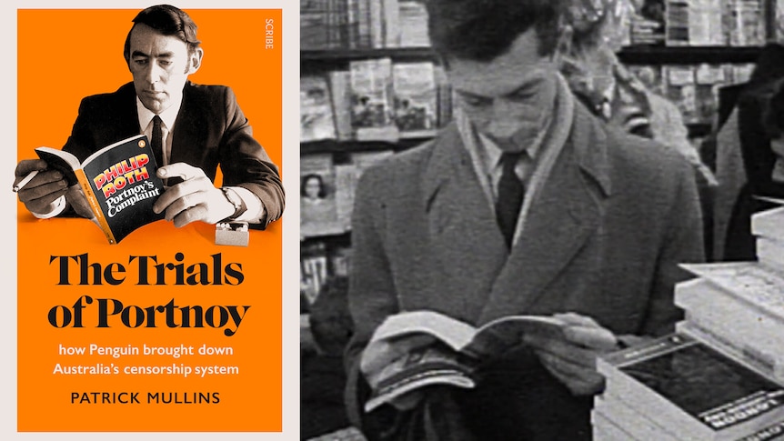 On the left, a book cover 'The Trials of Portnoy' and the right, a grainy black and white image of man reading a book.