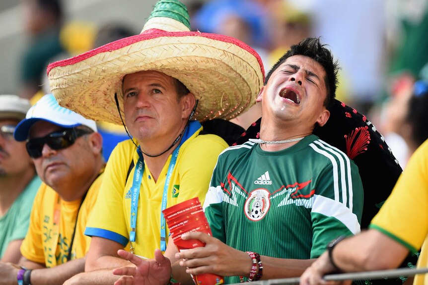 A Mexican fan shows his despair after his team loses to the Netherlands at the World Cup.
