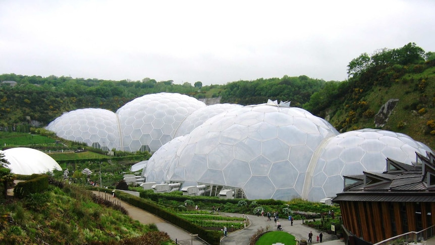 Eden Project's geodesic biodomes emerge into view like some space colony on the moon.