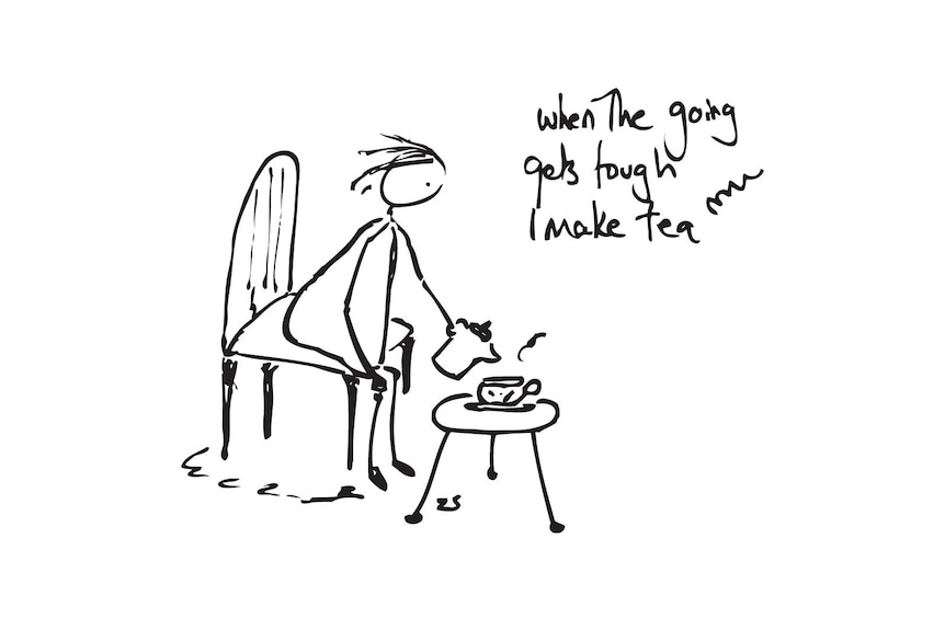 Stick figure sitting on a chair pouring a cup of tea