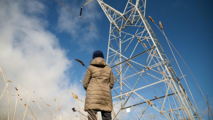 A woman looks up at a large transmission tower.