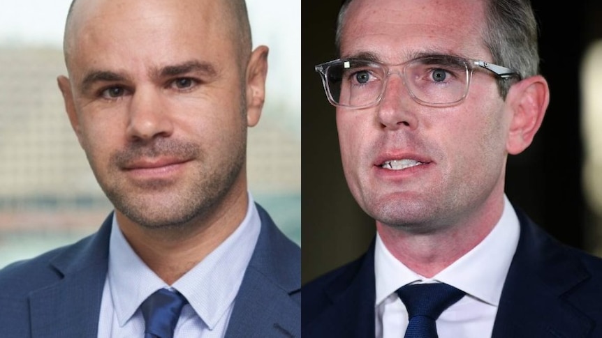 A split image showing a bald man in a suit and a bespectacled man in a suit, who is NSW Premier Dominic Perrottet.