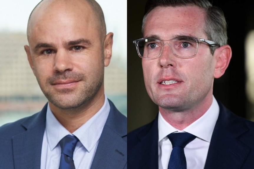 A split image showing a bald man in a suit and a bespectacled man in a suit, who is NSW Premier Dominic Perrottet.