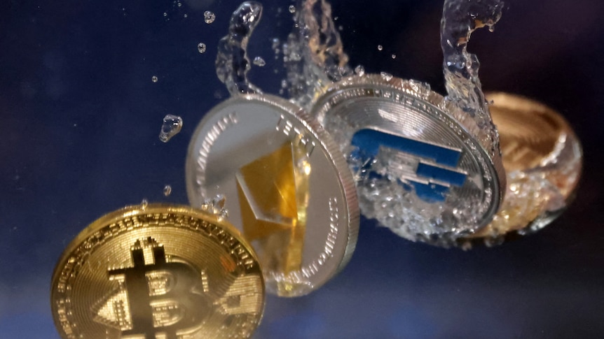 Representations of cryptocurrency Bitcoin, Ethereum and Dash plunge into water