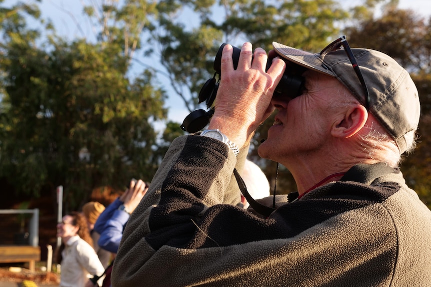 A man wearing a cap looks up through binocular.