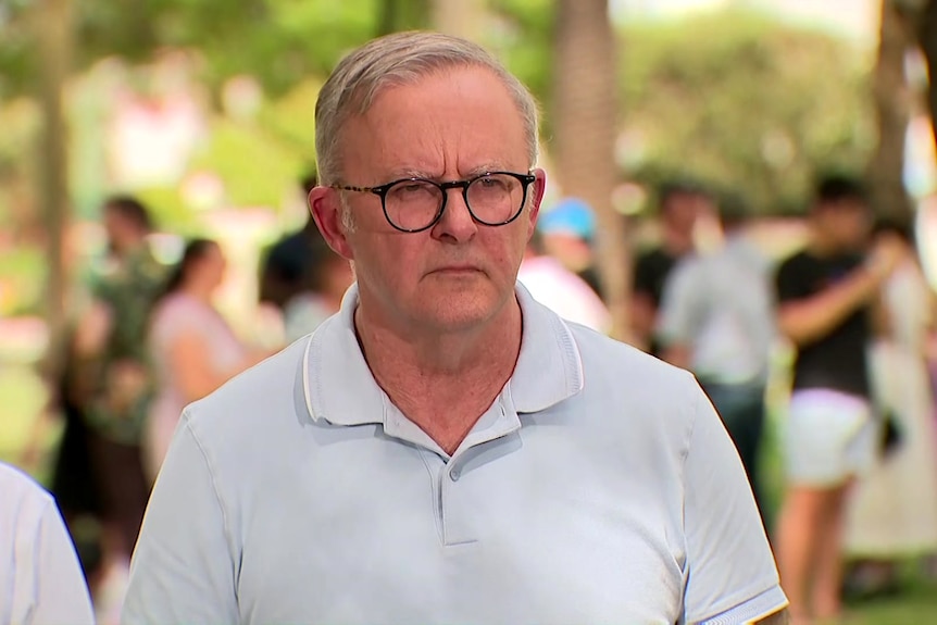 Prime Minister Anthony Albanese looking serious in headshot outside in a park