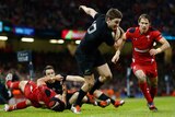 New Zealand's Beauden Barrett scores against Wales at the Millennium Stadium in Cardiff.