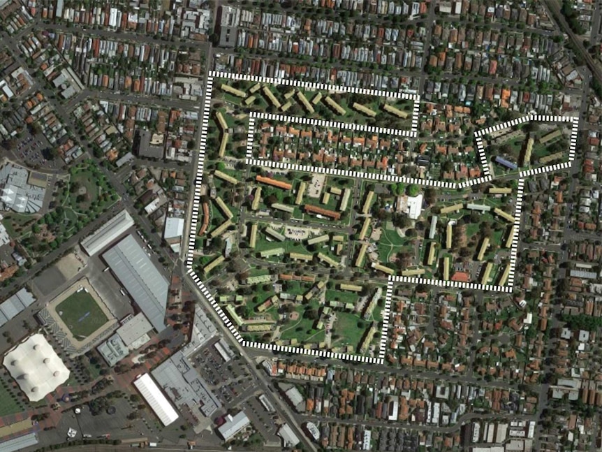 You view an aerial image of Ascot Vale, with a public housing estate highlighted with a white border around it.