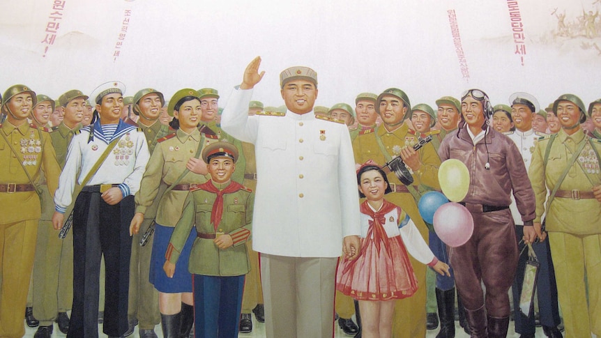 Kim Il-sung depicted in a mural at the Victorious Fatherland Liberation War Museum in Pyongyang, North Korea.