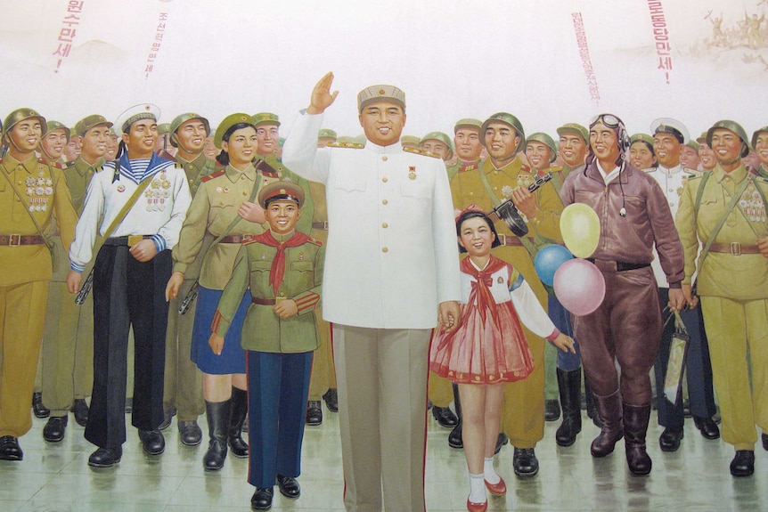 Kim Il-sung depicted in a mural at the Victorious Fatherland Liberation War Museum in Pyongyang, North Korea.