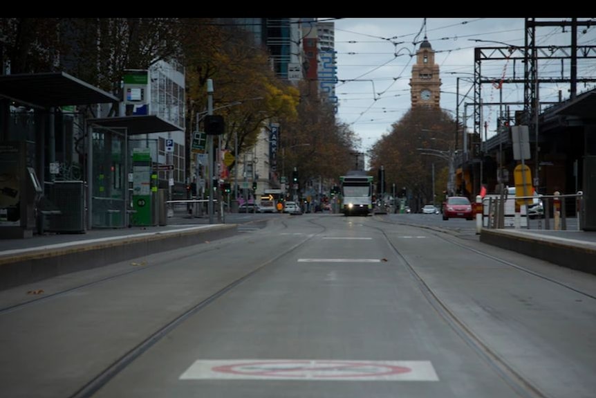 An empty Melbourne CBD street with a tram 