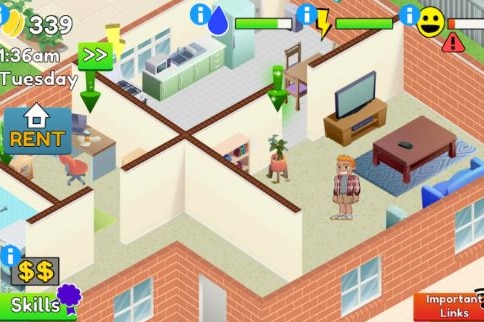 A cartoon man stands in a loungeroom in an online simulation game