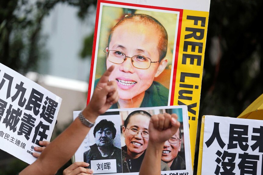 Large protest posters with the photo of Liu Xia.