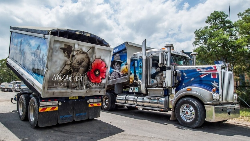 a tipper truck, decorated for Anzac Day