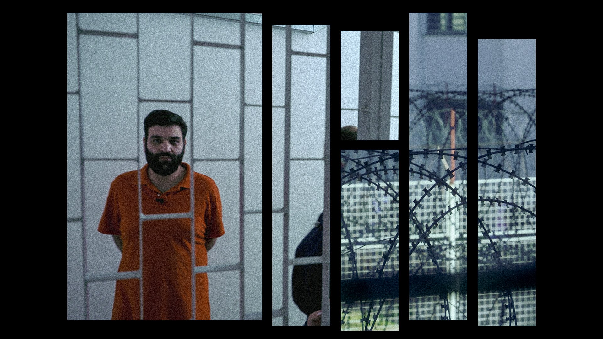 A composite image of a bearded man wearing an orange polo with his hands behind his back behind prison bars, and barbed wire.