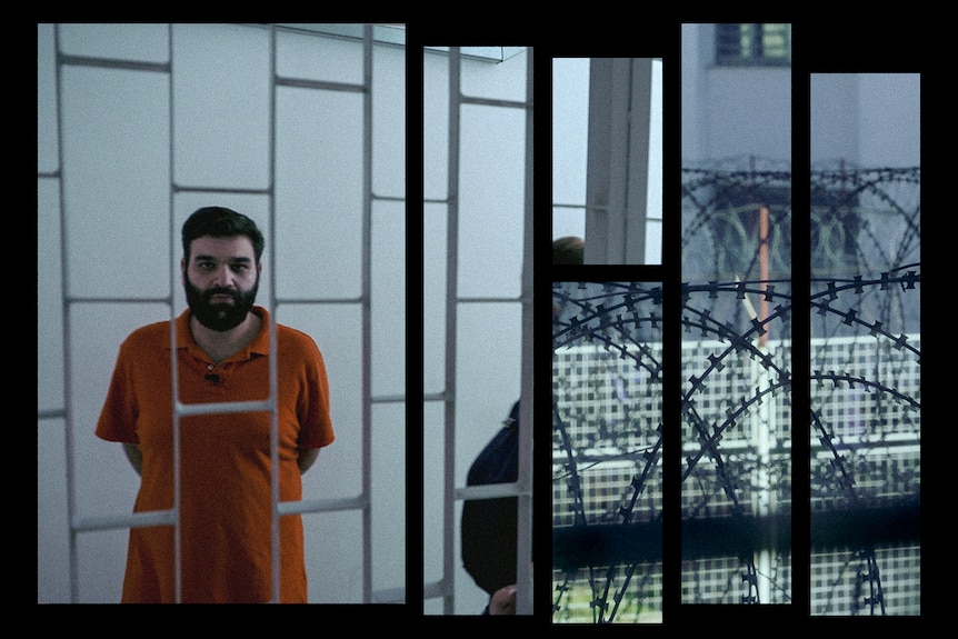 A composite image of a bearded man wearing an orange polo with his hands behind his back behind prison bars, and barbed wire.