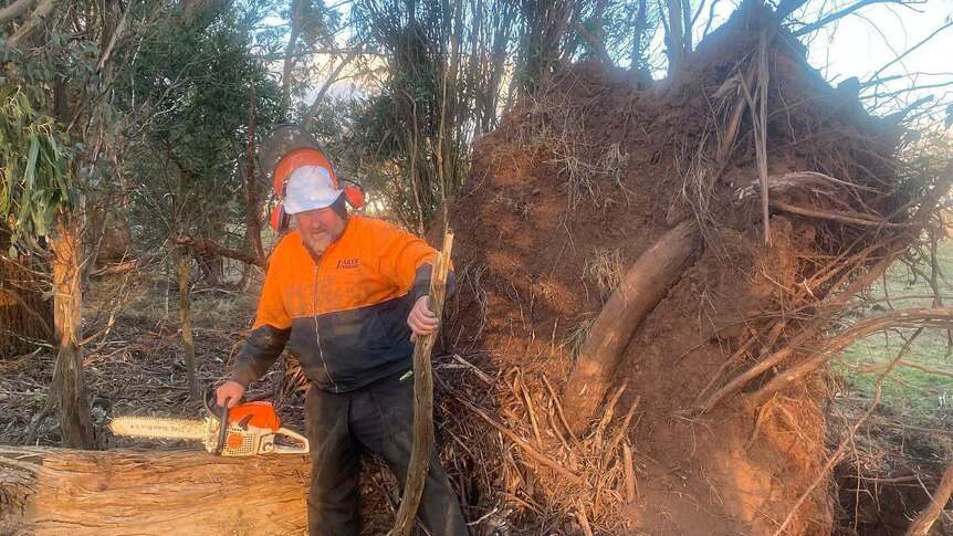 A Blazeaid volunteer with a chainsaw helps clean up a farm after a recent natural disaster