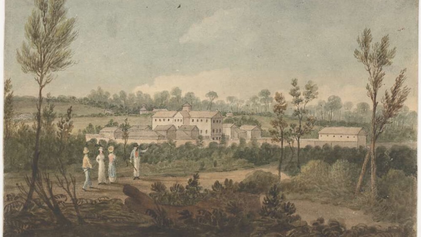 Colonial-era watercolour painting showing four people walking on path, with low fauna, towards the Parramatta Female Factory.